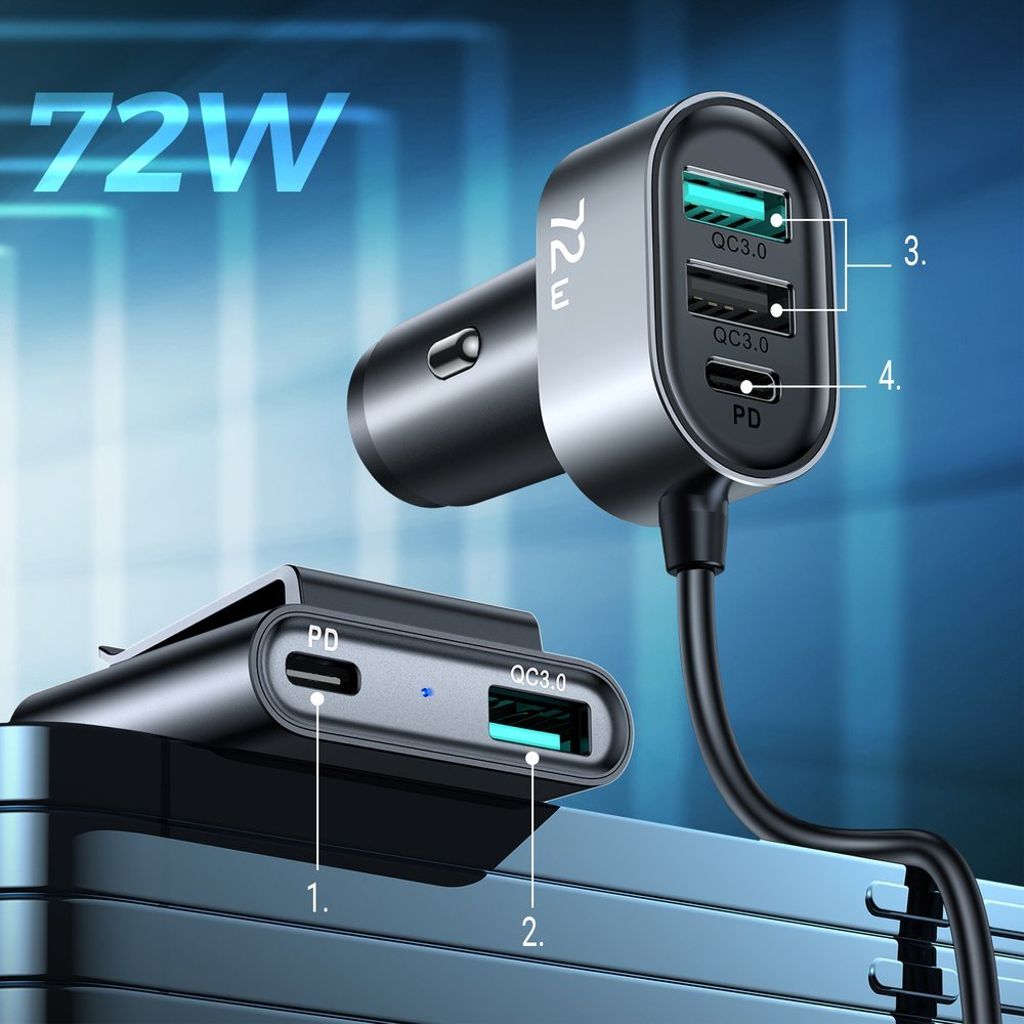 Joyroom car charger 2xPD + 2xQC3.0 72W 1.5m sort (JR-CL05)