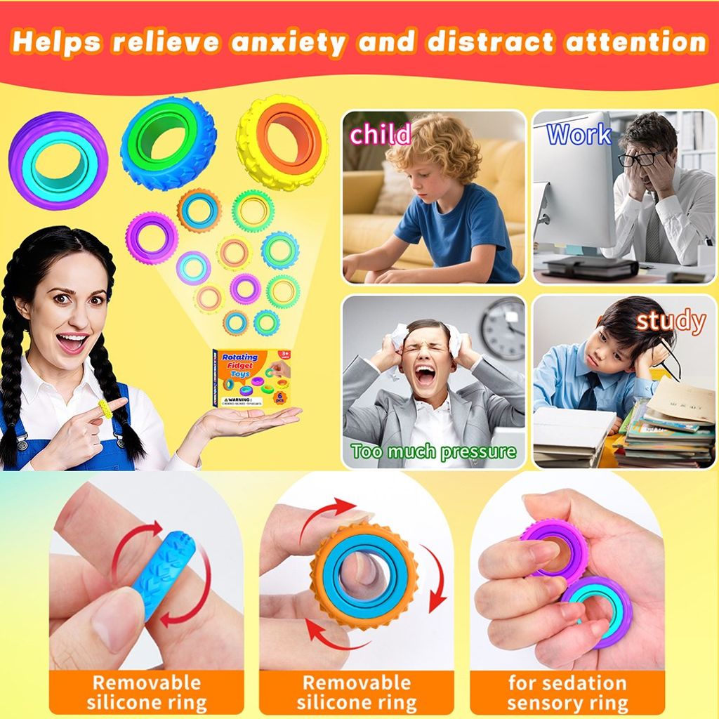 Sensoriska silikonringar för barn – stresslindrande fingerleksak, 6-pack 