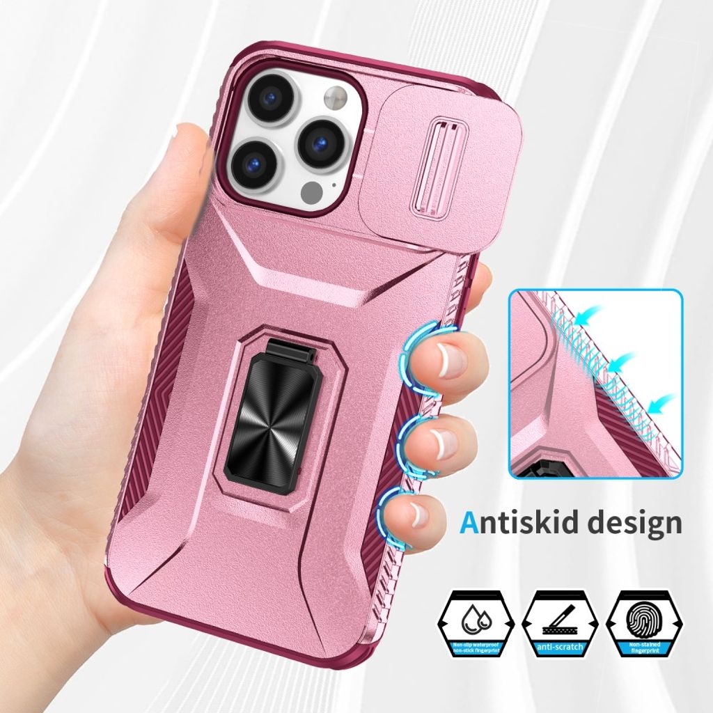 iPhone 14 Pro Max Skal med Skjutbart Kameraskydd & Stativ – Rosa