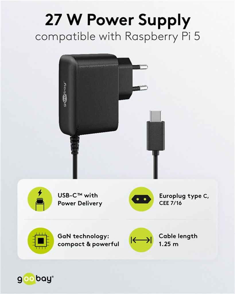 Goobay GaN strømforsyning 27 W til Raspberry Pi 5
