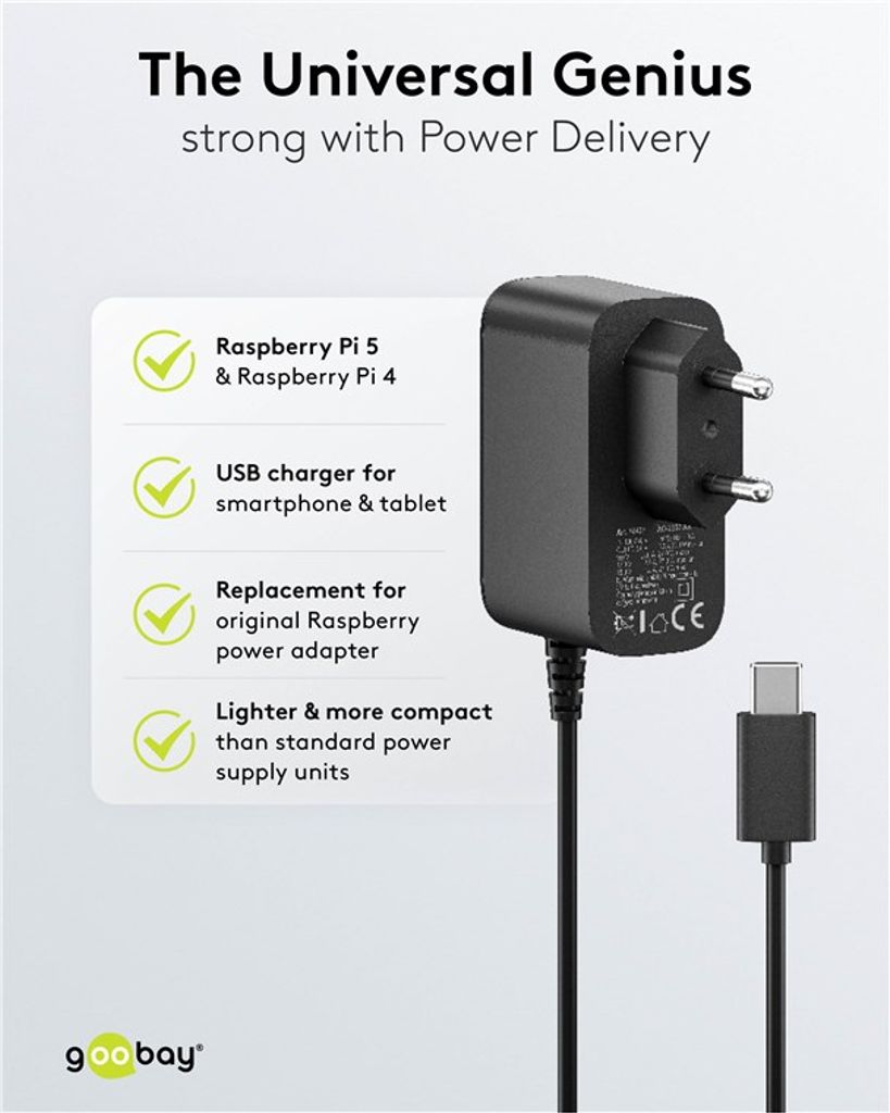 Goobay GaN strømforsyning 27 W til Raspberry Pi 5