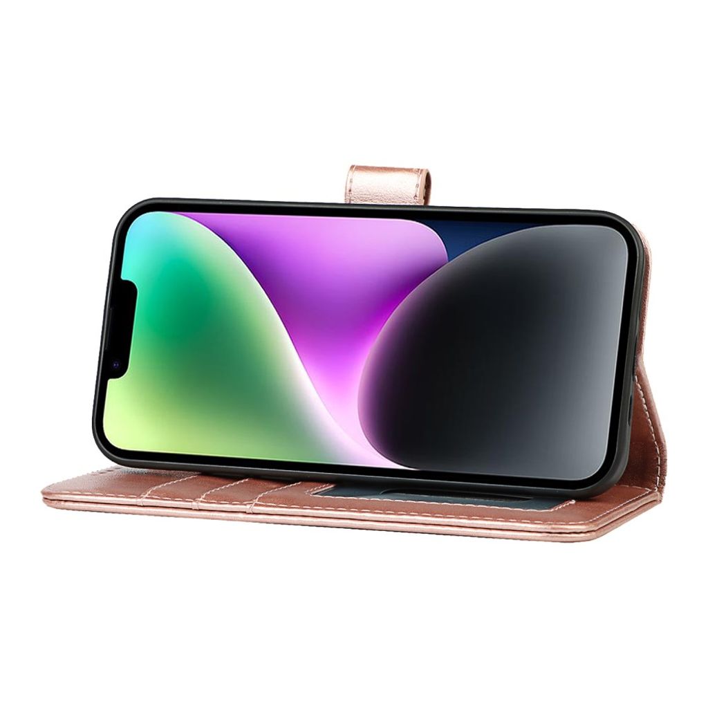 iPhone 14 Plus Lommeboketui PU-lær Stativ - Rose gull