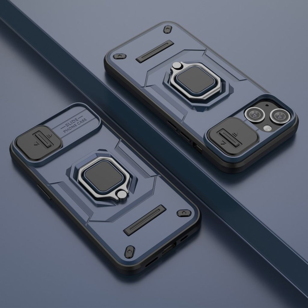 iPhone 14 Kuori kameran linssisuojalla ja jalustalla – Sininen