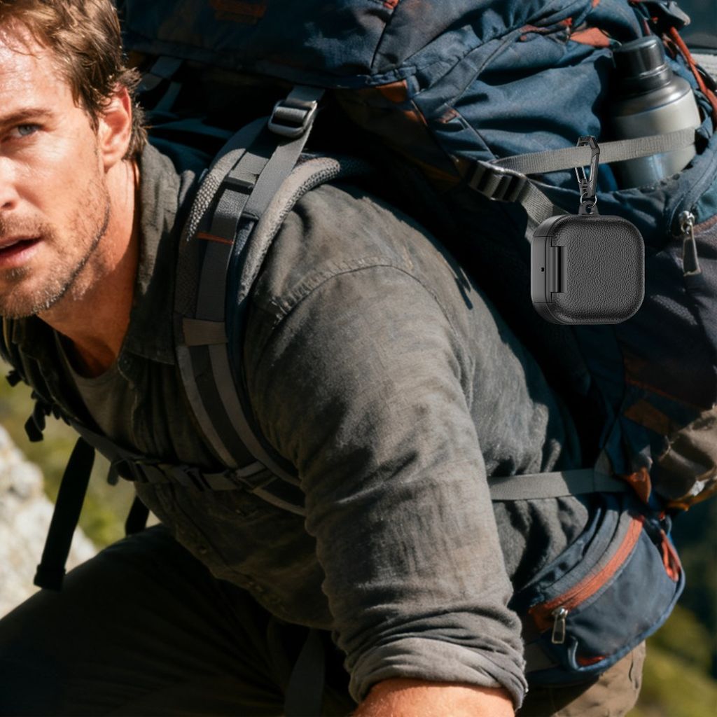 Samsung Galaxy Buds4/Buds4 Pro -kuulokkeiden suojakuori mobiilitelineellä ja karbiinihaalla - musta