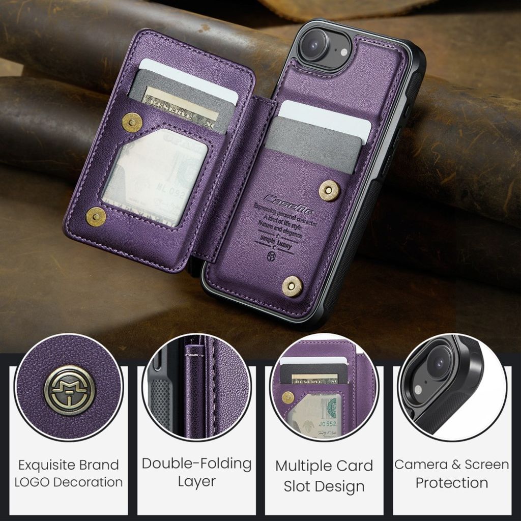 CASEME C22 Wallet Case with RFID Blocking for iPhone 16e – Purple