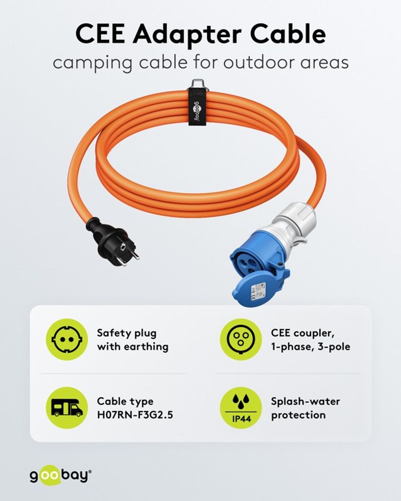 Goobay CEE adapterkabel, CEE koppling till säkerhetsplugg (typ E/F), 5m