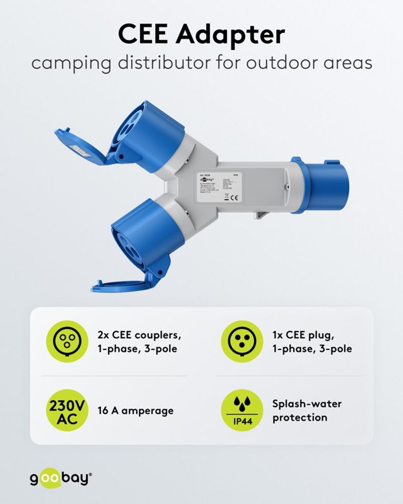 Goobay CEE-adapter – CEE-plugg till 2x CEE-uttag, blå