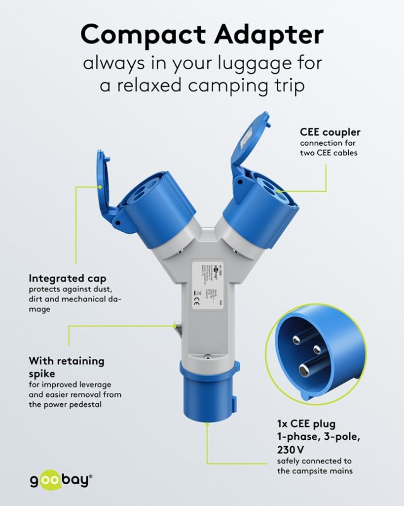 Goobay CEE-adapter – CEE-plugg till 2x CEE-uttag, blå