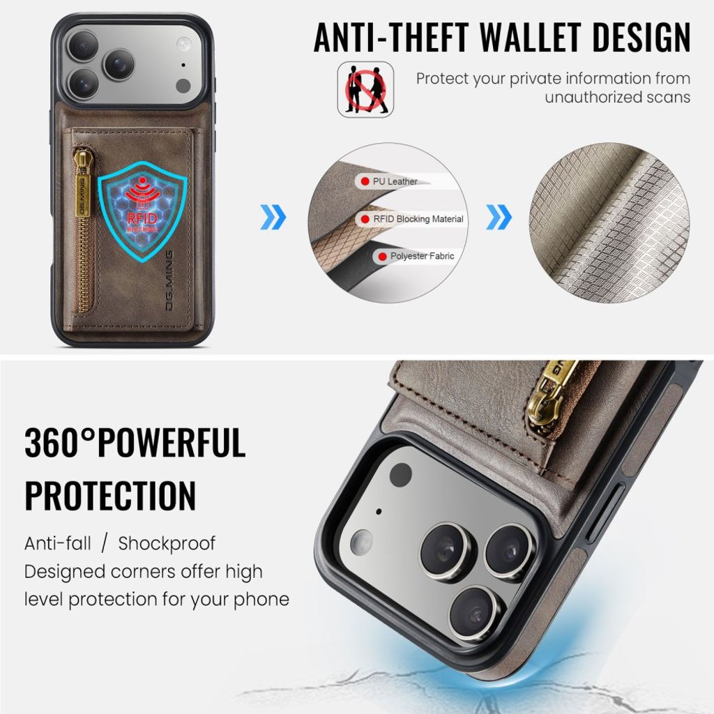 DG.MING iPhone 18 Pro Max/17 Pro Max Skal med Magnetisk Avtagbar Plånbok - Brun