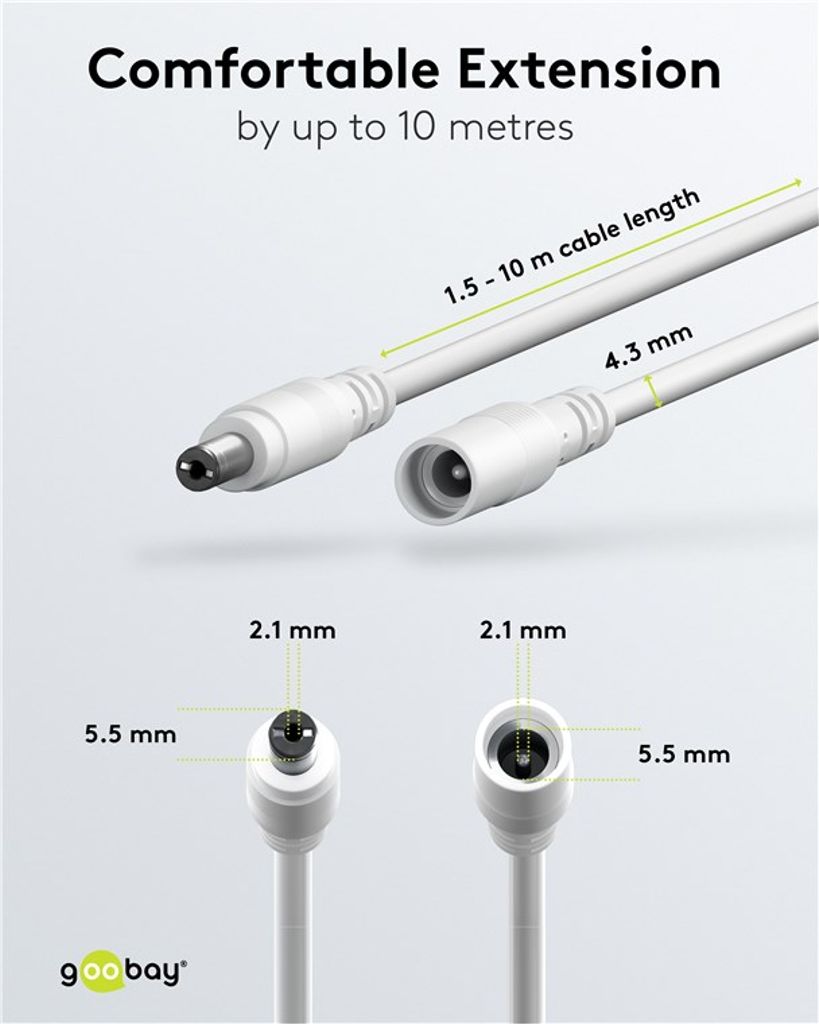Goobay DC-forlengelseskabel 5,5 x 2,1 mm, 1,5 m - hvit