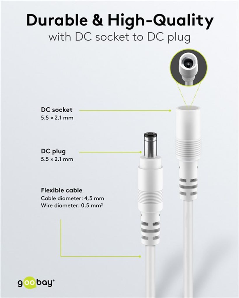 Goobay DC-jatkokaapeli 5.5 x 2.1mm, 3m - Valkoinen