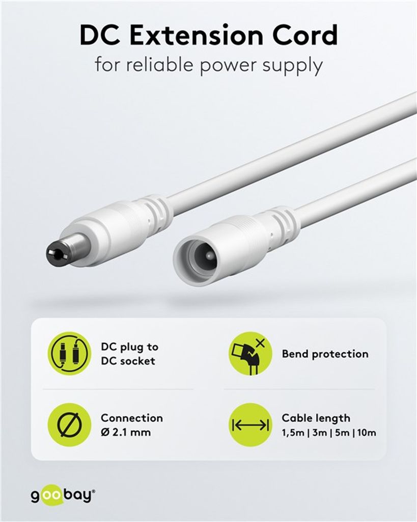 Goobay DC-forlengelseskabel 5,5 x 2,1 mm, 10 m - hvit