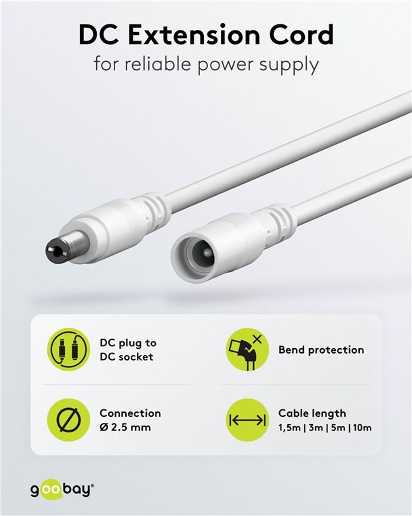 Goobay DC-forlengelseskabel 5,5 x 2,5 mm, 3 m - hvit