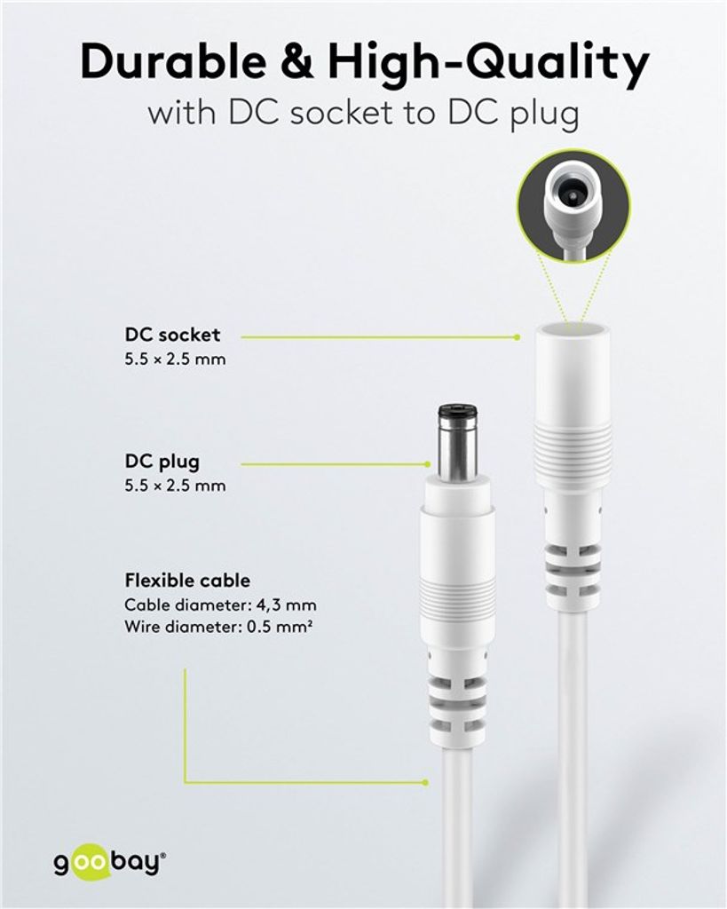 Goobay DC-forlengelseskabel 5,5 x 2,5 mm, 3 m - hvit