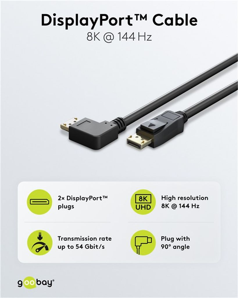 Goobay DisplayPort-kabel vinklet højre/venstre, 54 Gbit/s, 3m