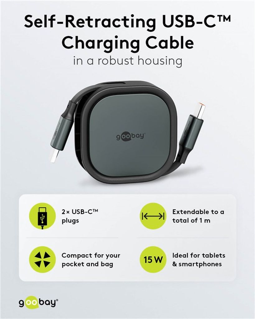 Goobay Sisäänvedettävä USB-C-kaapeli 1m - Musta/Hopea