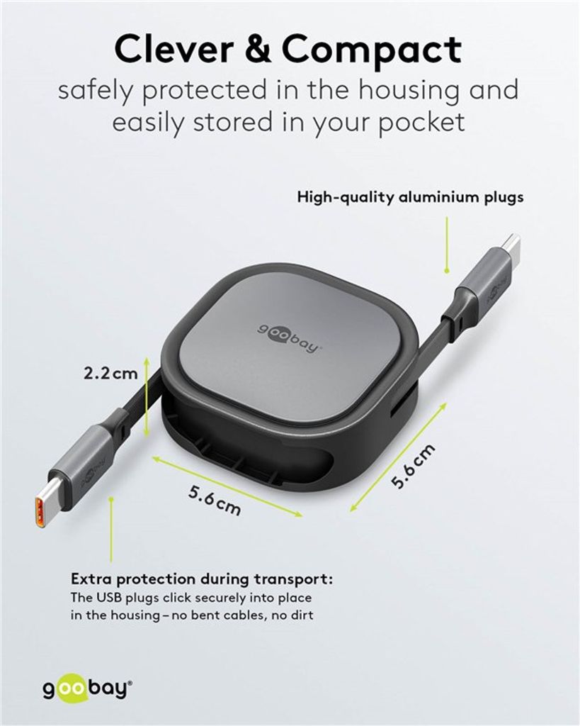 Goobay Sisäänvedettävä USB-C-kaapeli 1m - Musta/Hopea
