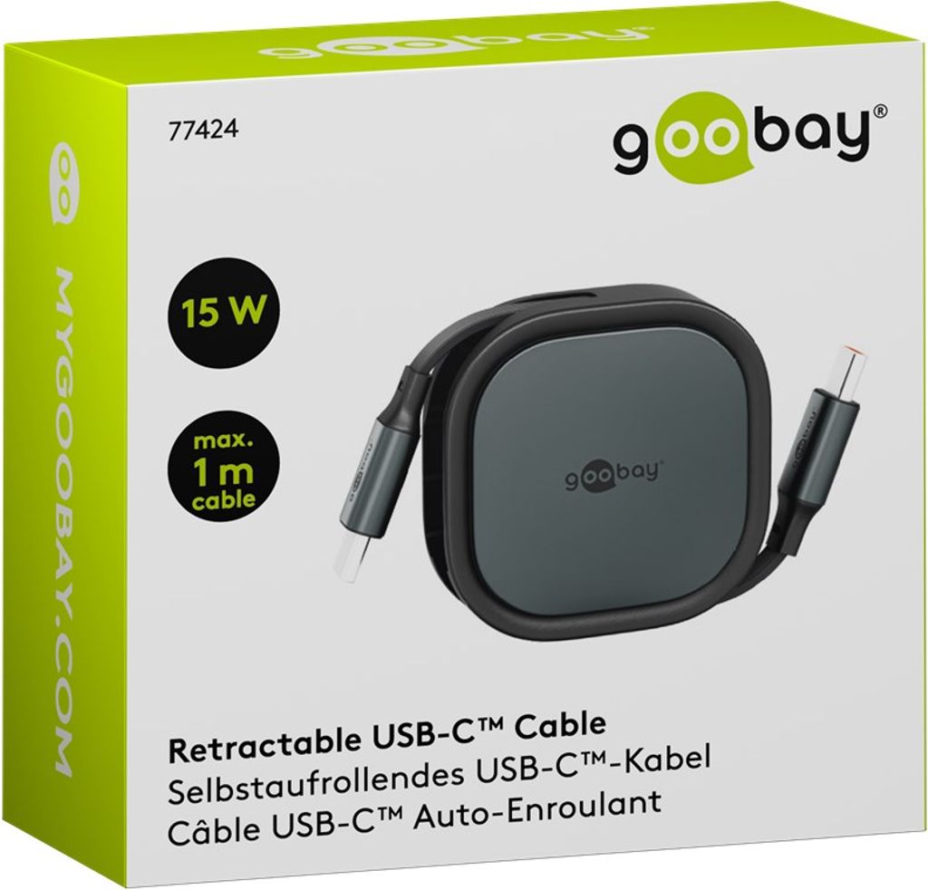Goobay Sisäänvedettävä USB-C-kaapeli 1m - Musta/Hopea