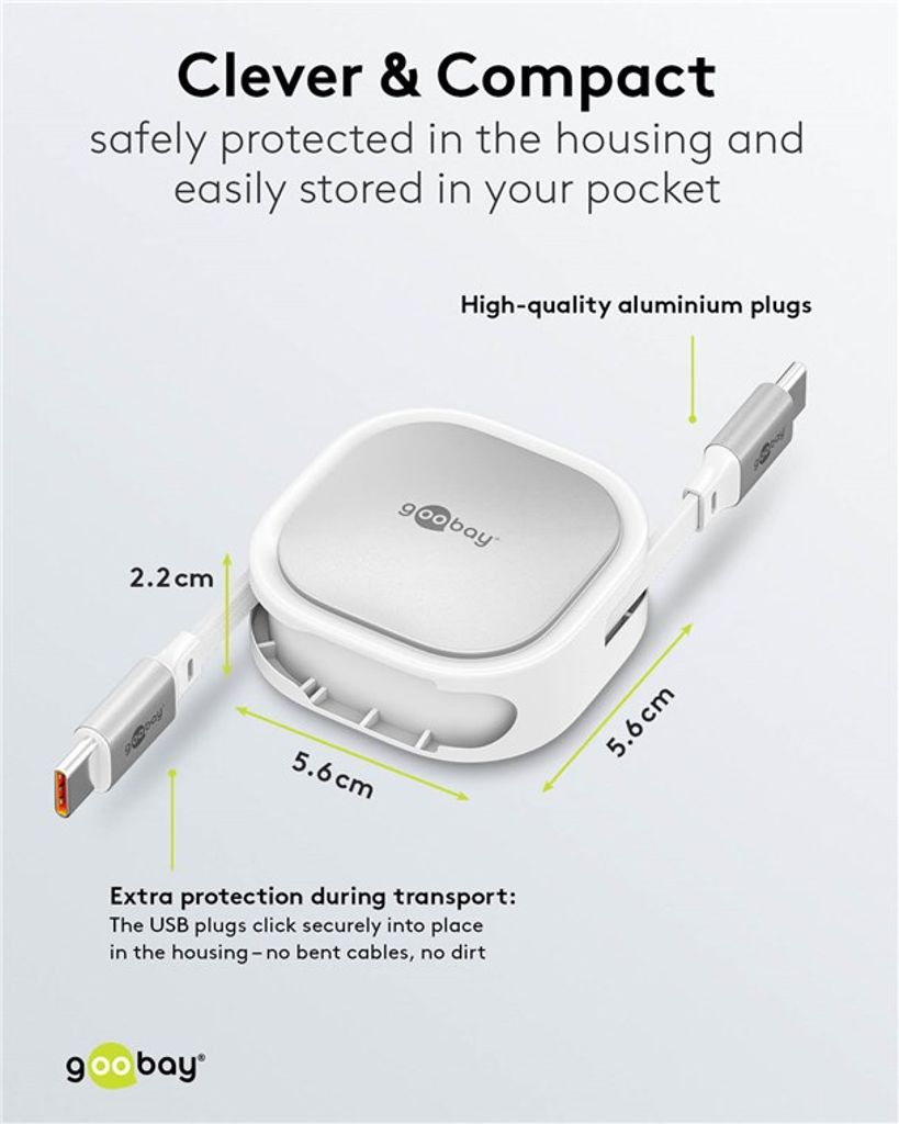 Goobay Sisäänvedettävä USB-C-kaapeli 1m - Valkoinen/Hopea