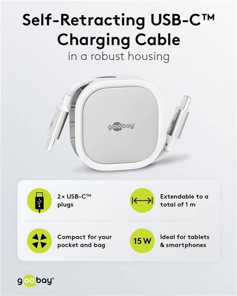 Goobay Sisäänvedettävä USB-C-kaapeli 1m - Valkoinen/Hopea