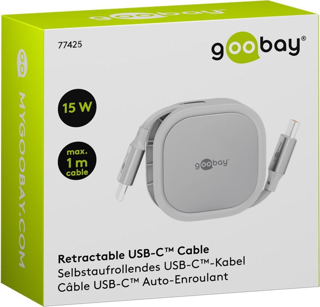 Goobay Sisäänvedettävä USB-C-kaapeli 1m - Valkoinen/Hopea