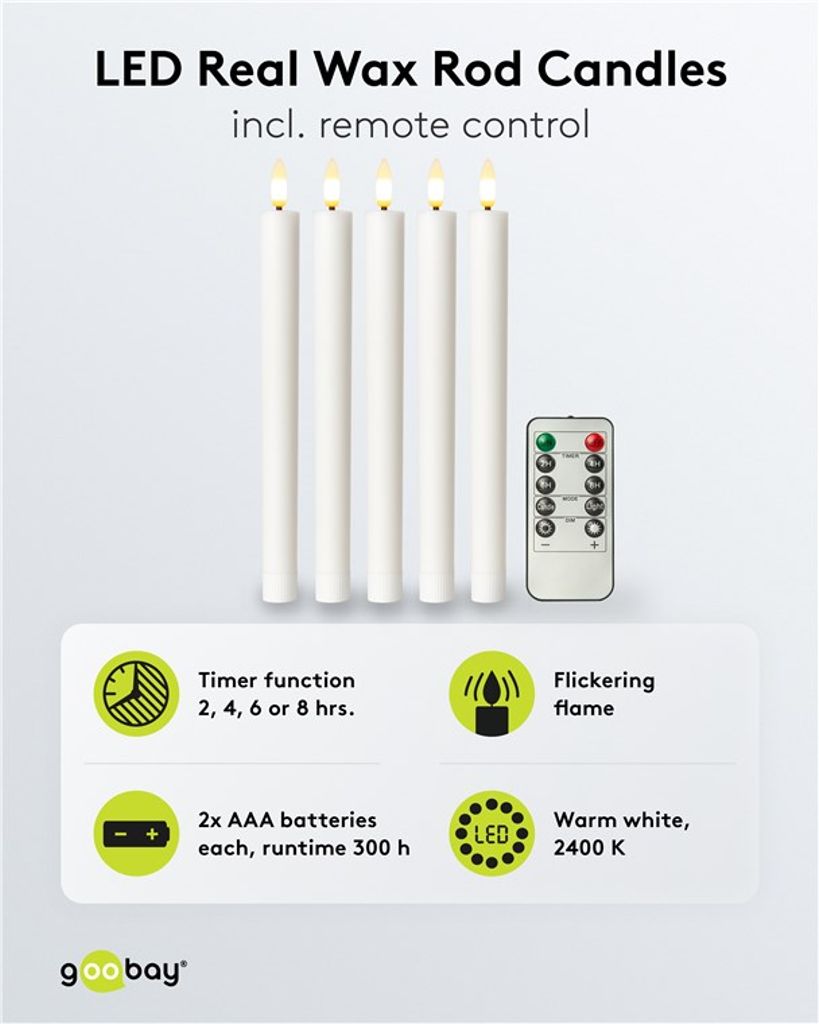 Goobay LED-kynttilänjalat oikeasta vahasta kaukosäätimellä, 5 kpl - valkoinen