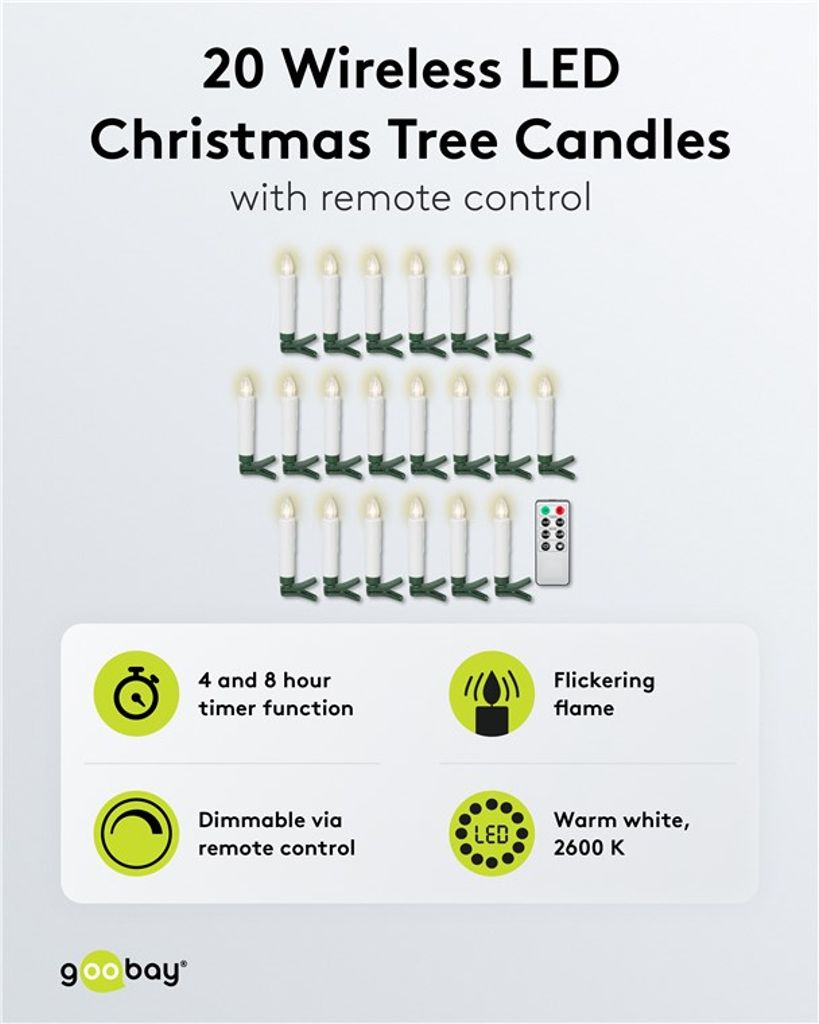 Goobay langattomat LED-joulukuusenvalot – 20 kpl, lämmin valkoinen