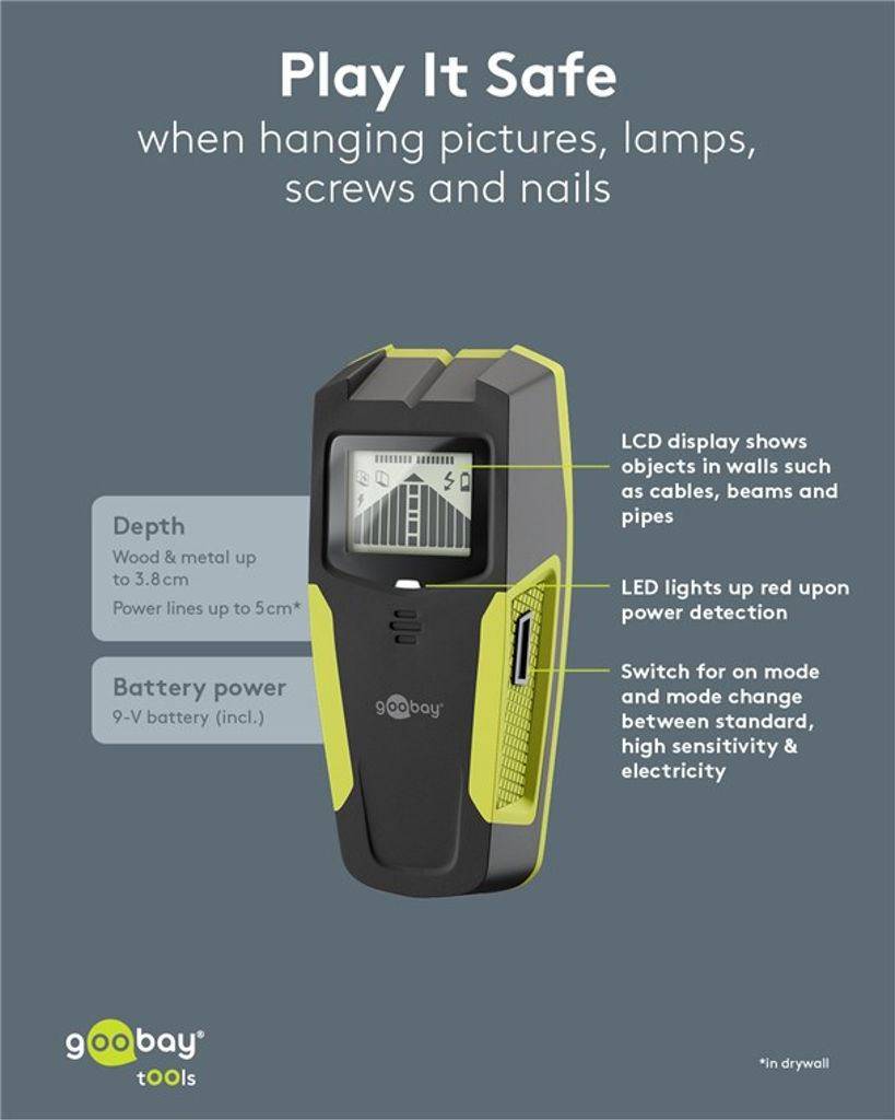Goobay Multidetektor – veggskanner for tre / metall / strøm