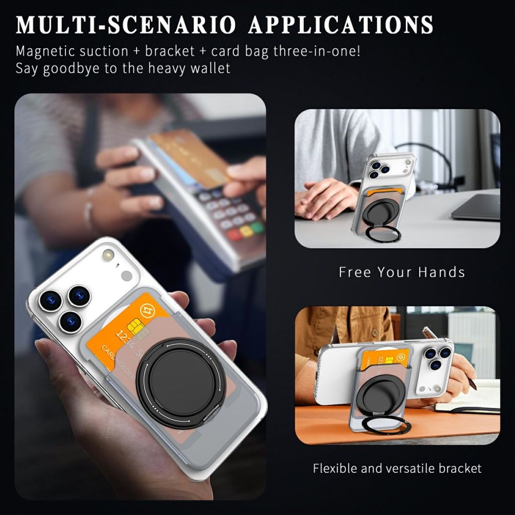 Magnetisk kortholder til mobiltelefon med ringstativ - gjennomsiktig grå
