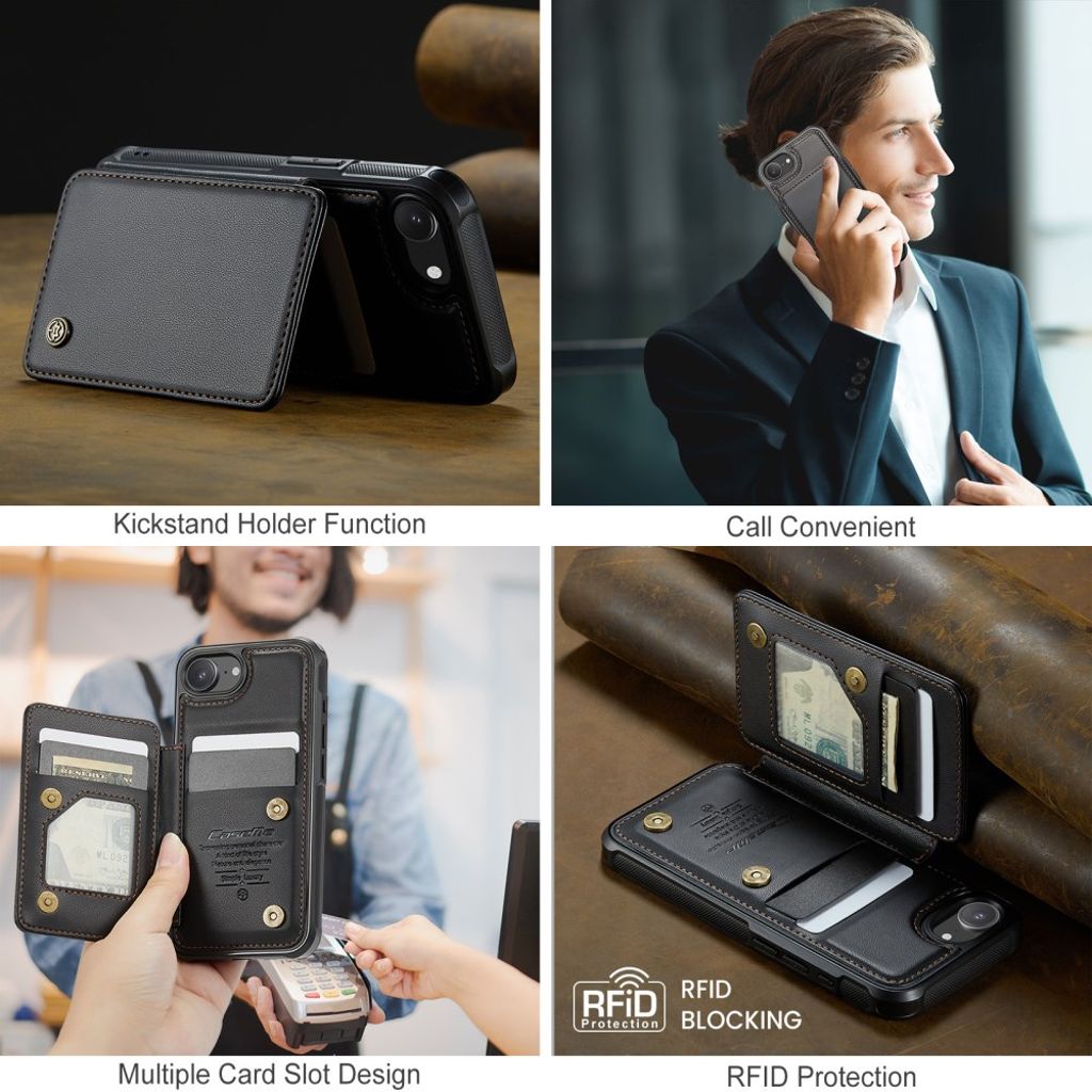 CASEME iPhone 16e Lommebokdeksel med RFID Kortholder og Stativ – Svart