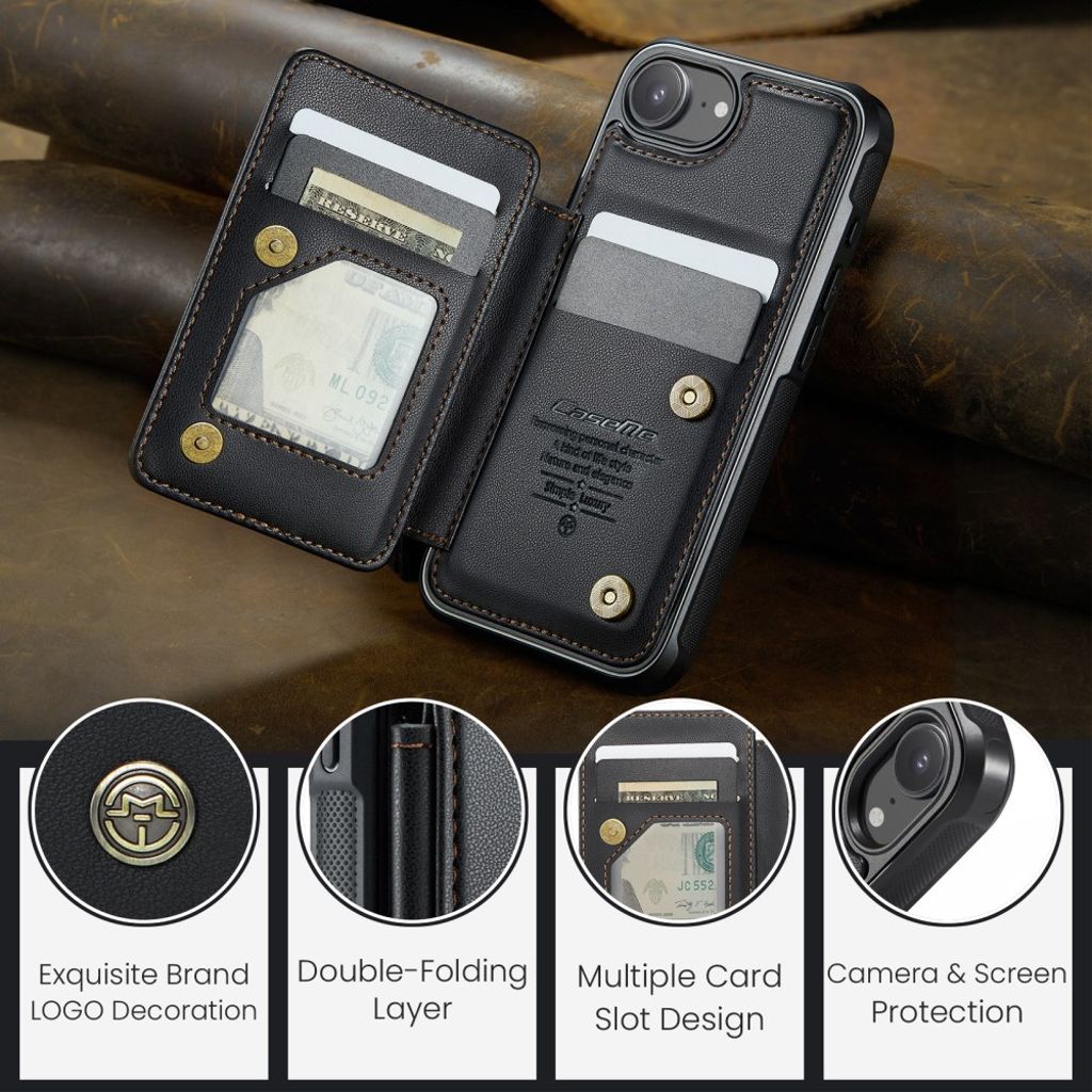 CASEME iPhone 16e Lommebokdeksel med RFID Kortholder og Stativ – Svart