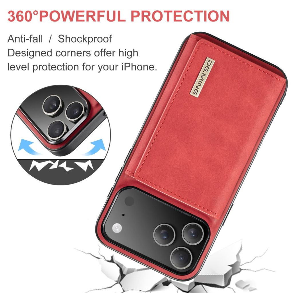 DG.MING M1 iPhone 18 Pro/17 Pro Deksel med Stativ & Avtakbar Lommebok - Rød