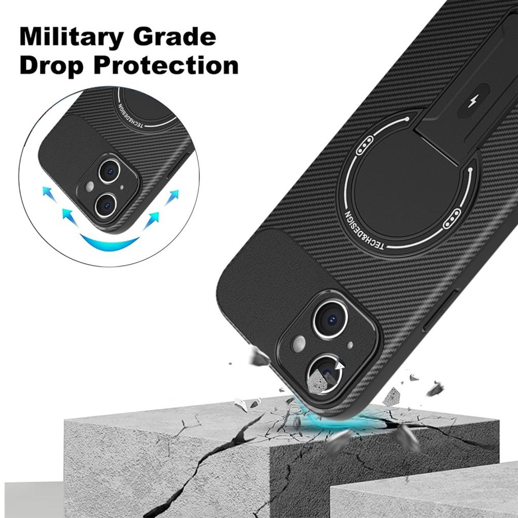 iPhone 15 Case Kickstand Hiilikuitukuvio – Musta