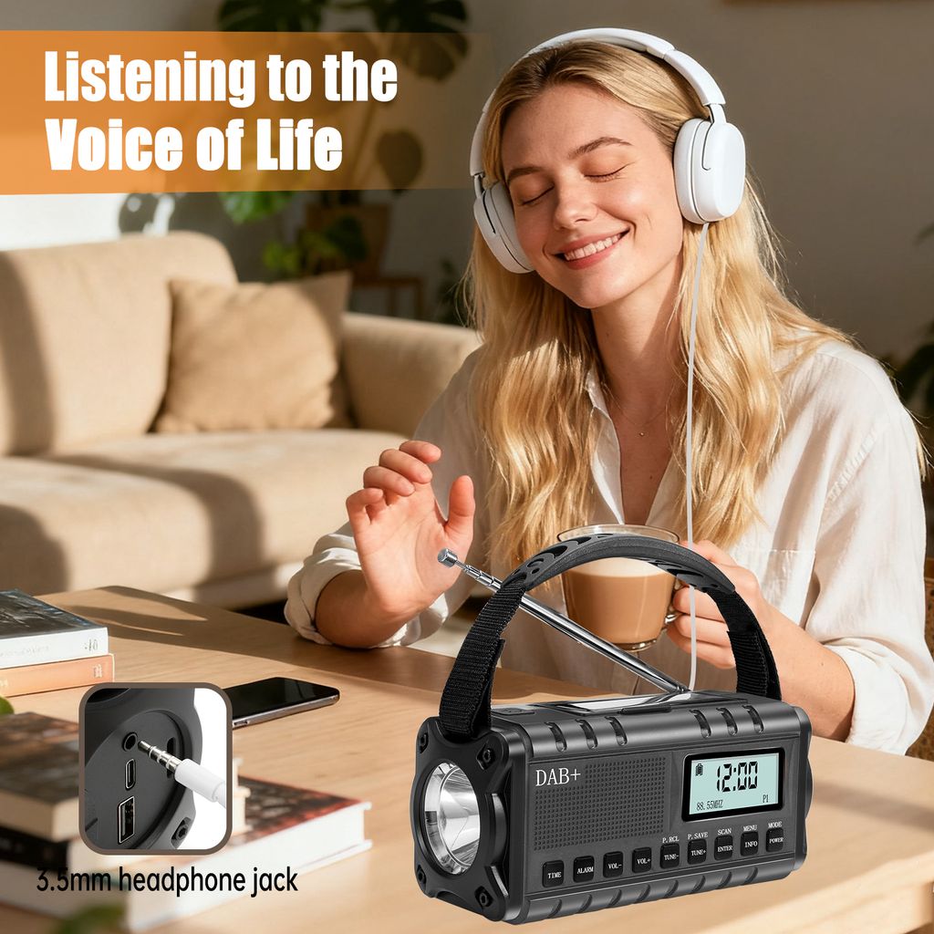 SiGN Nödradio DAB+/FM med handvev/batteri/solceller/USB-ström – svart