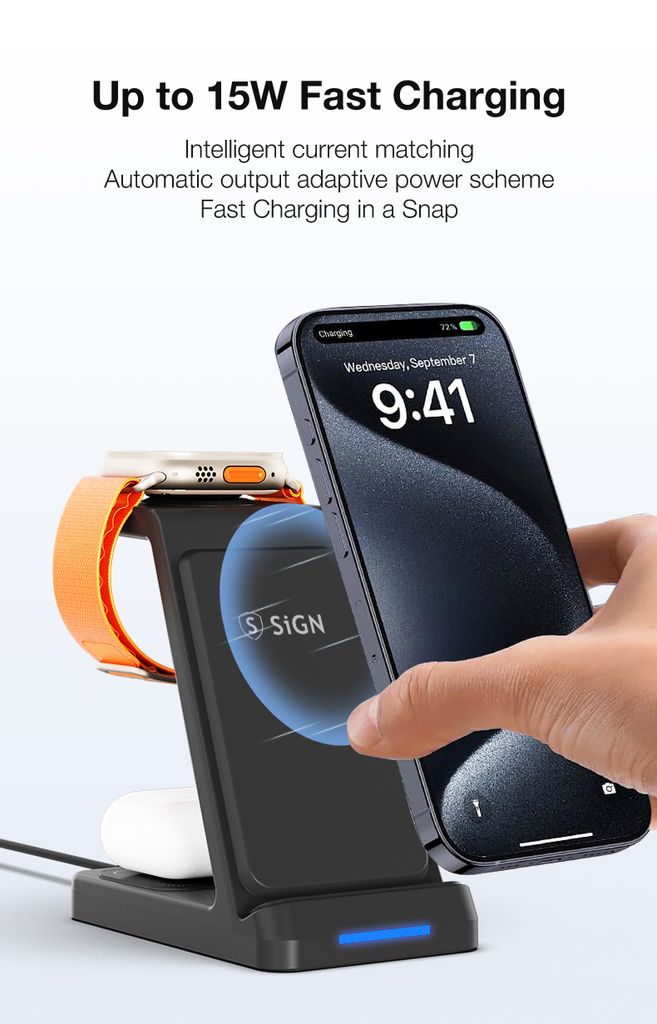 SiGN 3-in-1 Qi Langaton Latausteline 15W - Musta