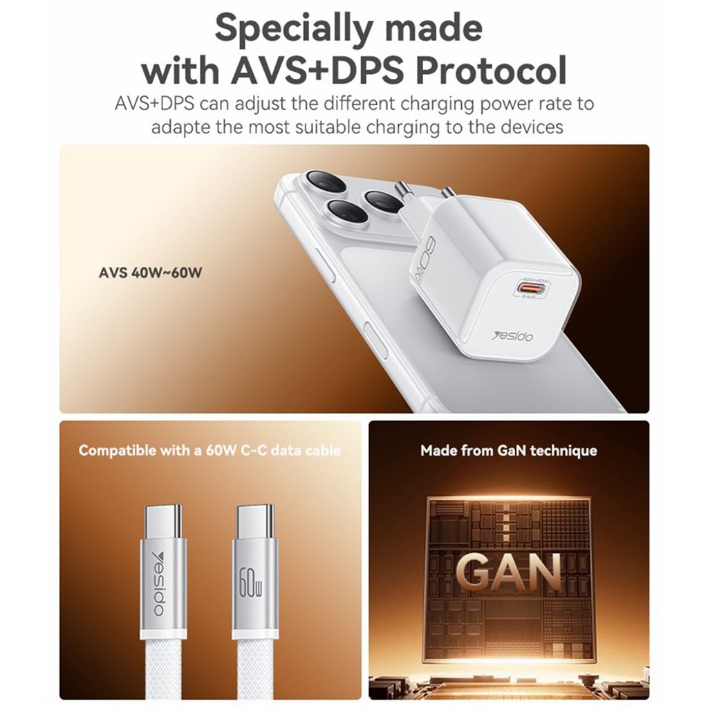 Yesido YC117 60W USB-C GaN-vegglader med USB-C-kabel – oransje