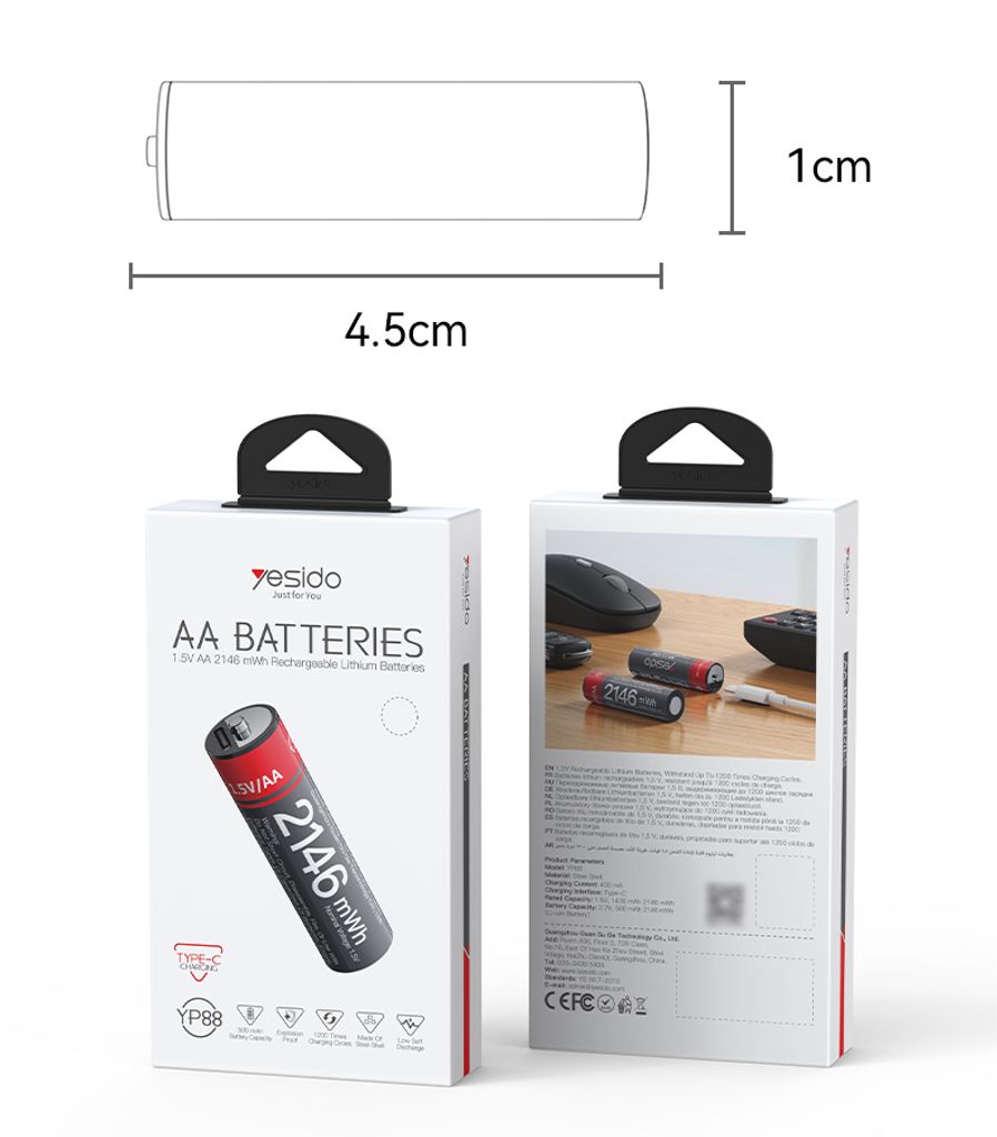 YESIDO YP88 4-pack AA Batteri 580mAh Uppladdningsbara USB-C