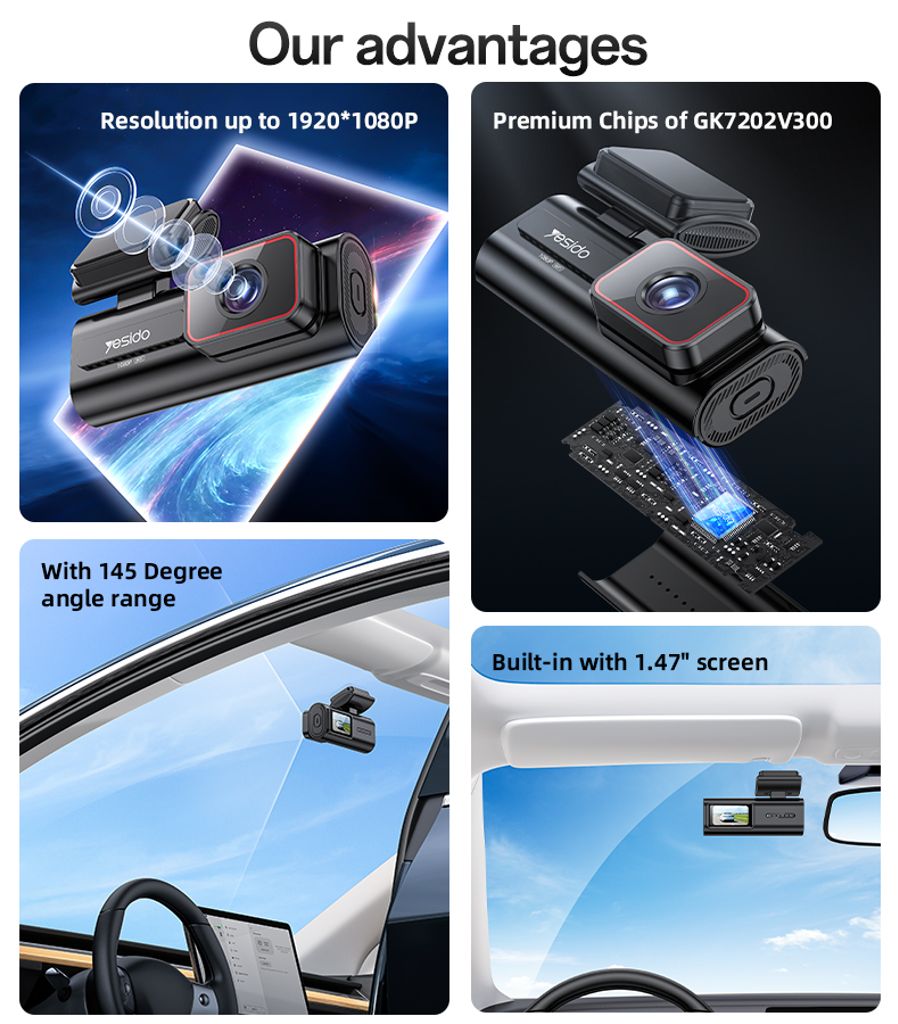 YESIDO KM21 Autokamera 1080P HD 145° Laajakulma – Musta