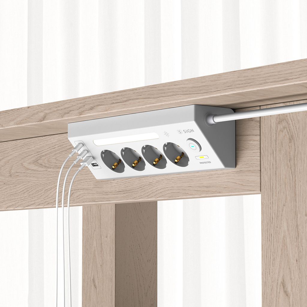 SiGN hurtigladende strømskinne for skrivebord 4-veis/2x USB-A/2x USB-C 1,8m – hvit