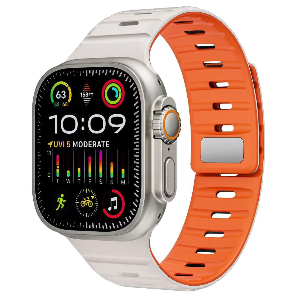 Apple Watch 42/44/45/46/49 mm kellonranneke silikonilla ja magneettisoljella – valkoinen/oranssi