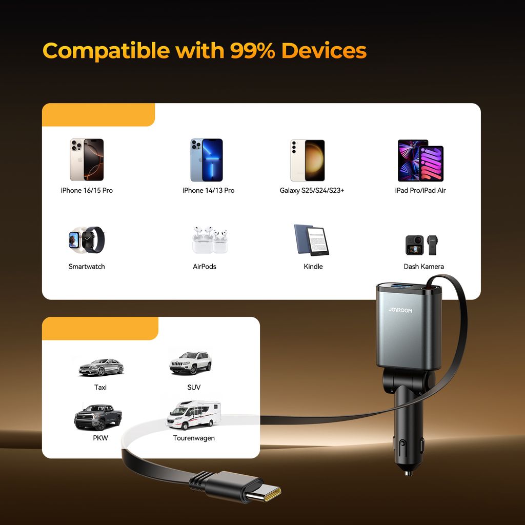 Joyroom JR-CL22A 3-i-1 billader 60W med uttrekkbar USB-C-kabel