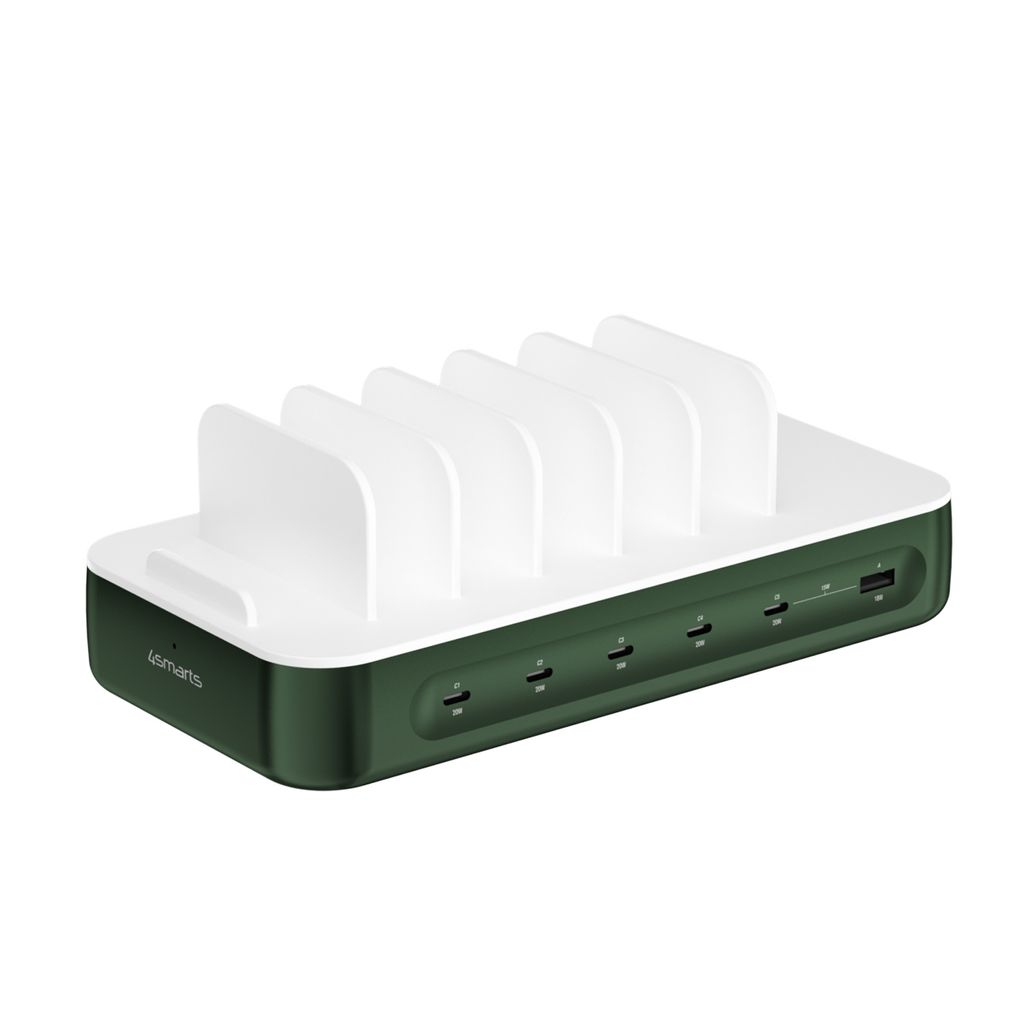 4smarts Team Ladestasjon 100 W – 5 USB-C + 1 USB-A med 6 kabler – Grønn