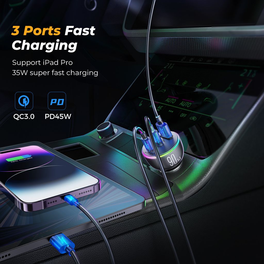 NEXTBATT LED billaddare 90W PD, USB-A / 2x USB-C – svart