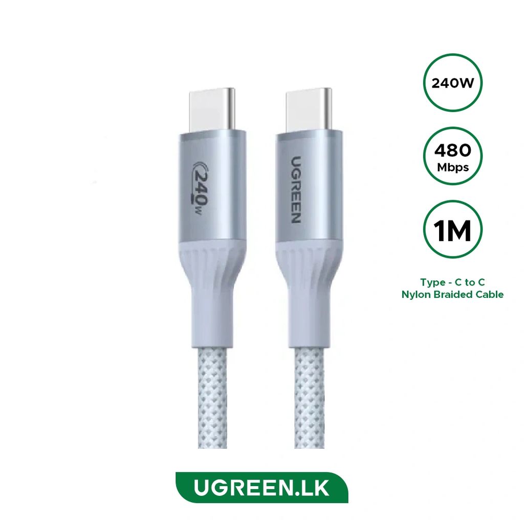 UGREEN USB-C - USB-C PD -pikalatauskaapeli 240W, 1m – Hopea/Valkoinen