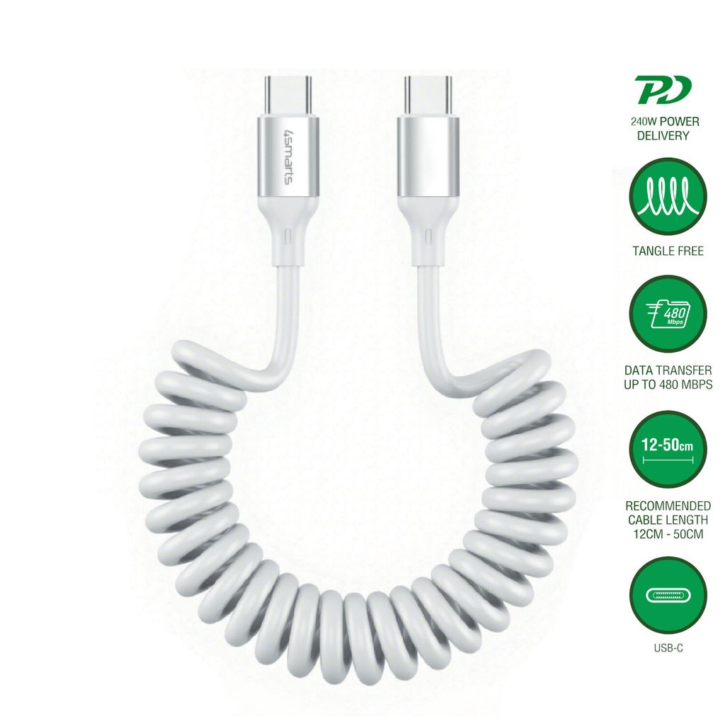 4Smarts USB-C-kabel, uttrekkbar spiralkabel, 100 W, 1,35 m – hvit