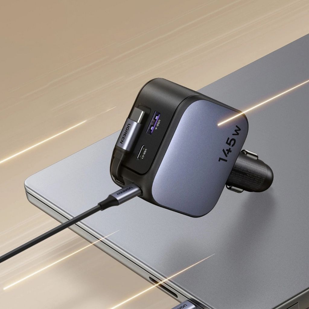 Ugreen Nexode billaddare 145W, USB-C/USB-A med utdragbar USB-C kabel – svart