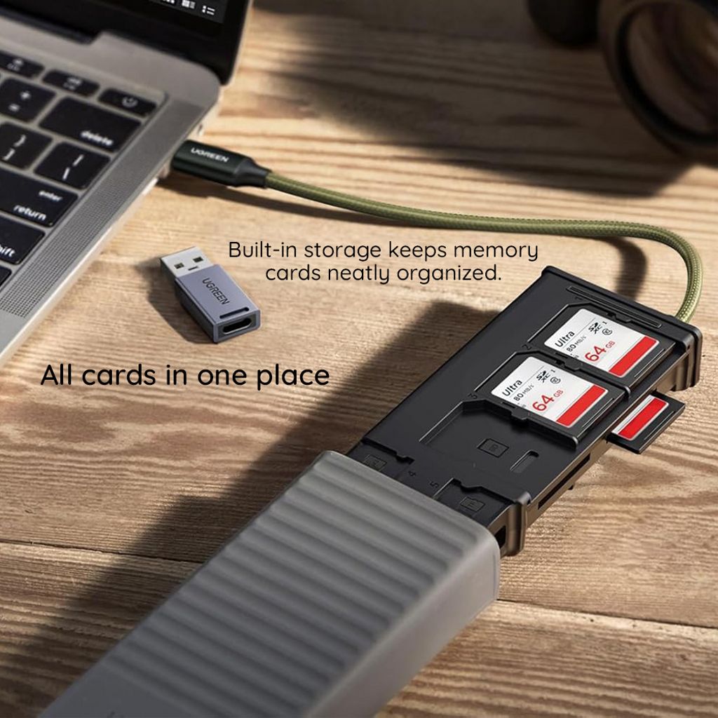 UGREEN CM856 USB-C/USB-A Kortlæser med Opbevaringsboks – Grå