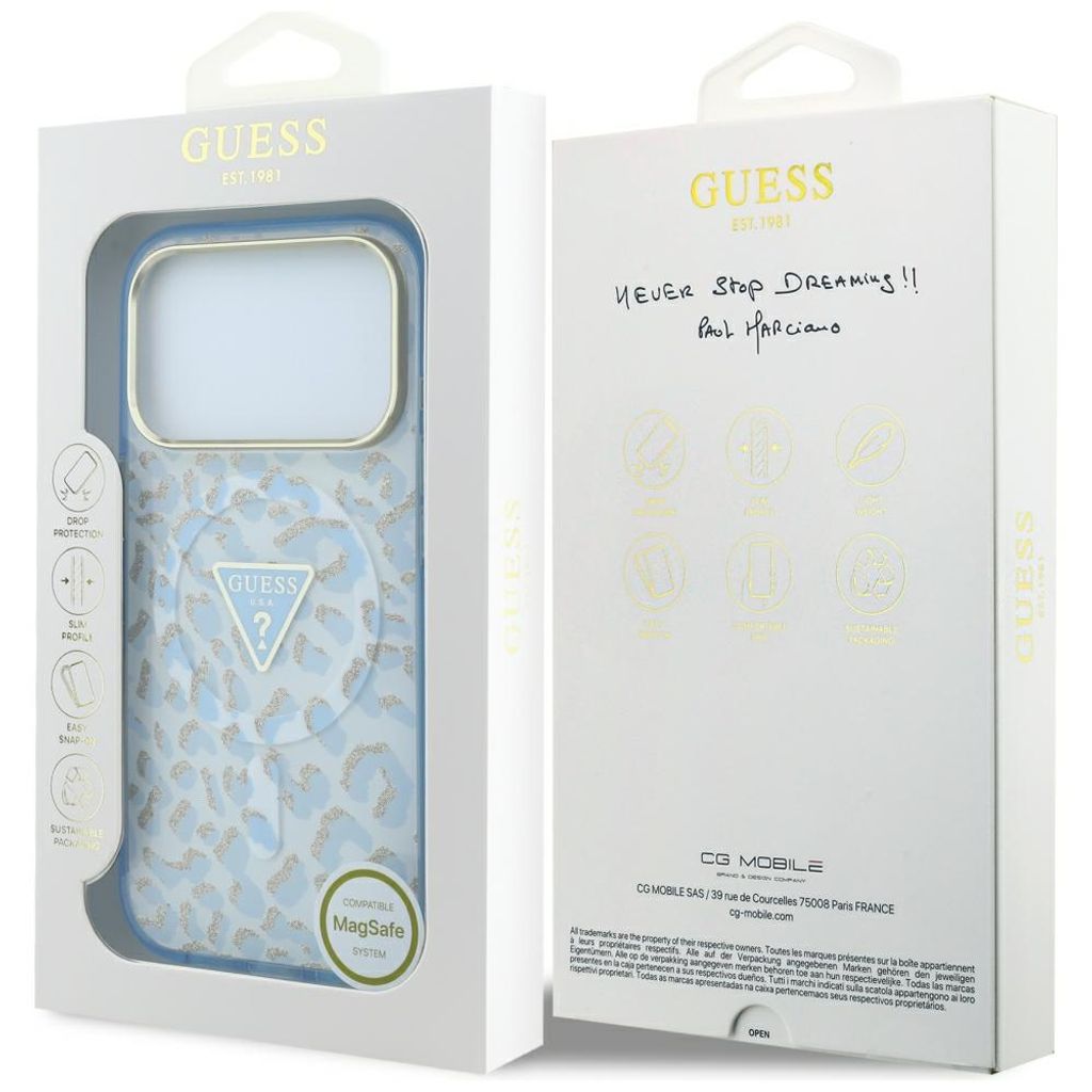 Guess Leopard Glitter Triangle Logo MagSafe -kuori iPhone 17 Pro Max/18 Pro Max:lle - Sininen