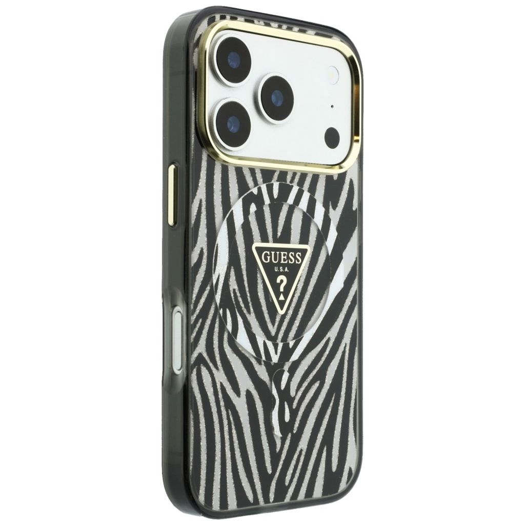 Guess IML Zebra Glitter Triangle Logo MagSafe -kuori  iPhone 18 Pro/17 Pro:lle - Hopea