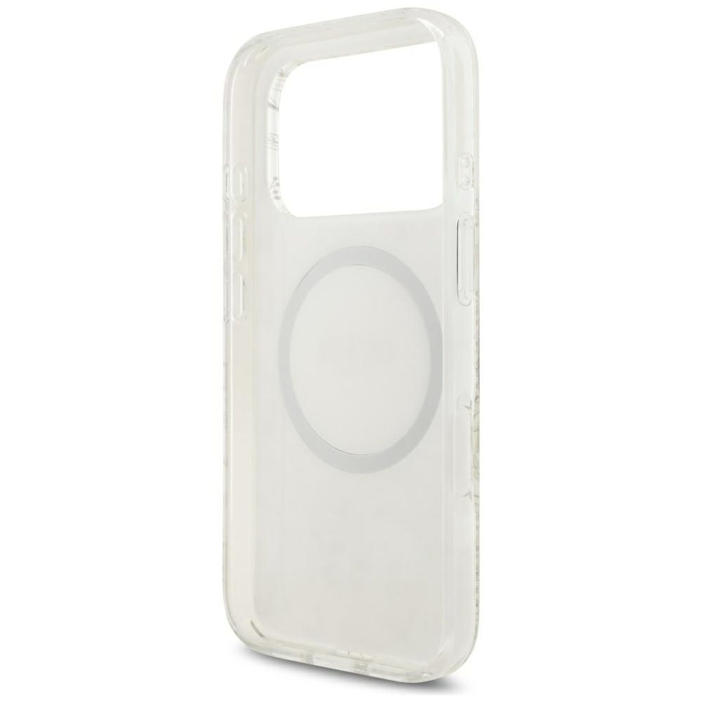 Guess IML Flower MagSafe -kuori helmirannekkeella iPhone 18 Pro/17 Pro:lle - Valkoinen